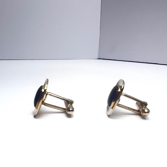 Vintage‎ Anson Onyx Cufflinks Gold Tone Black Center Bullet Back Signed - Picture 2 of 11